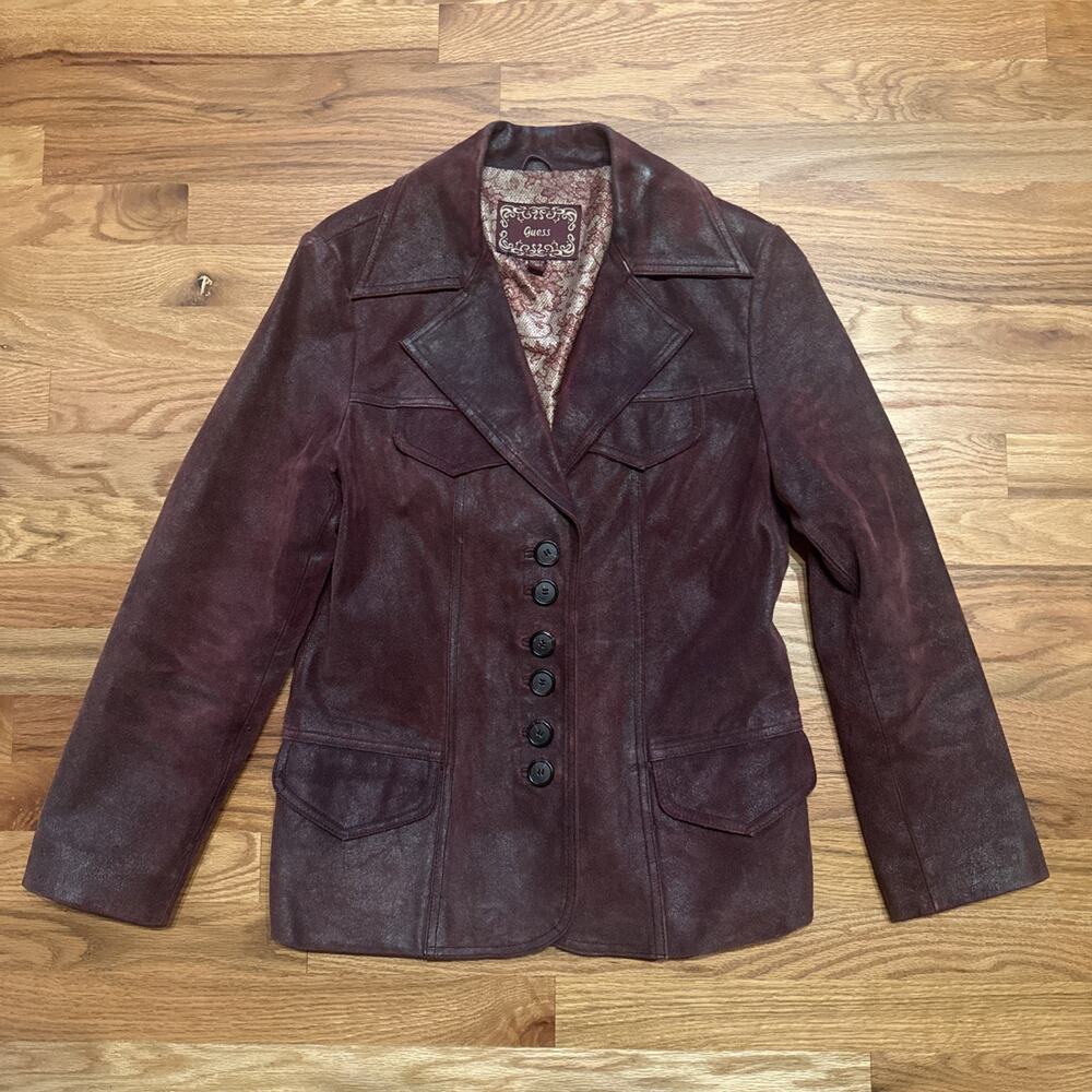 Vintage 80s 90s Guess Maroon Burgundy Leather Suede Collar Blazer Jacket Sz Med